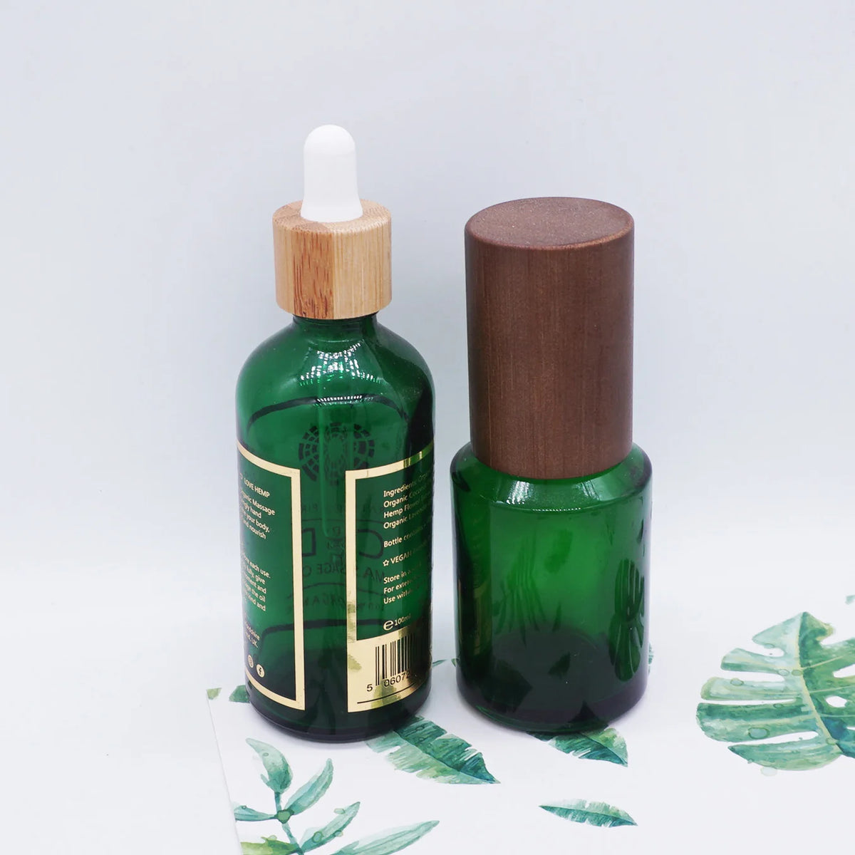 Hot Stamping 60ml 100ml Green Glass Dropper Bottle with Dark Wood Grain Lid MegaBDM