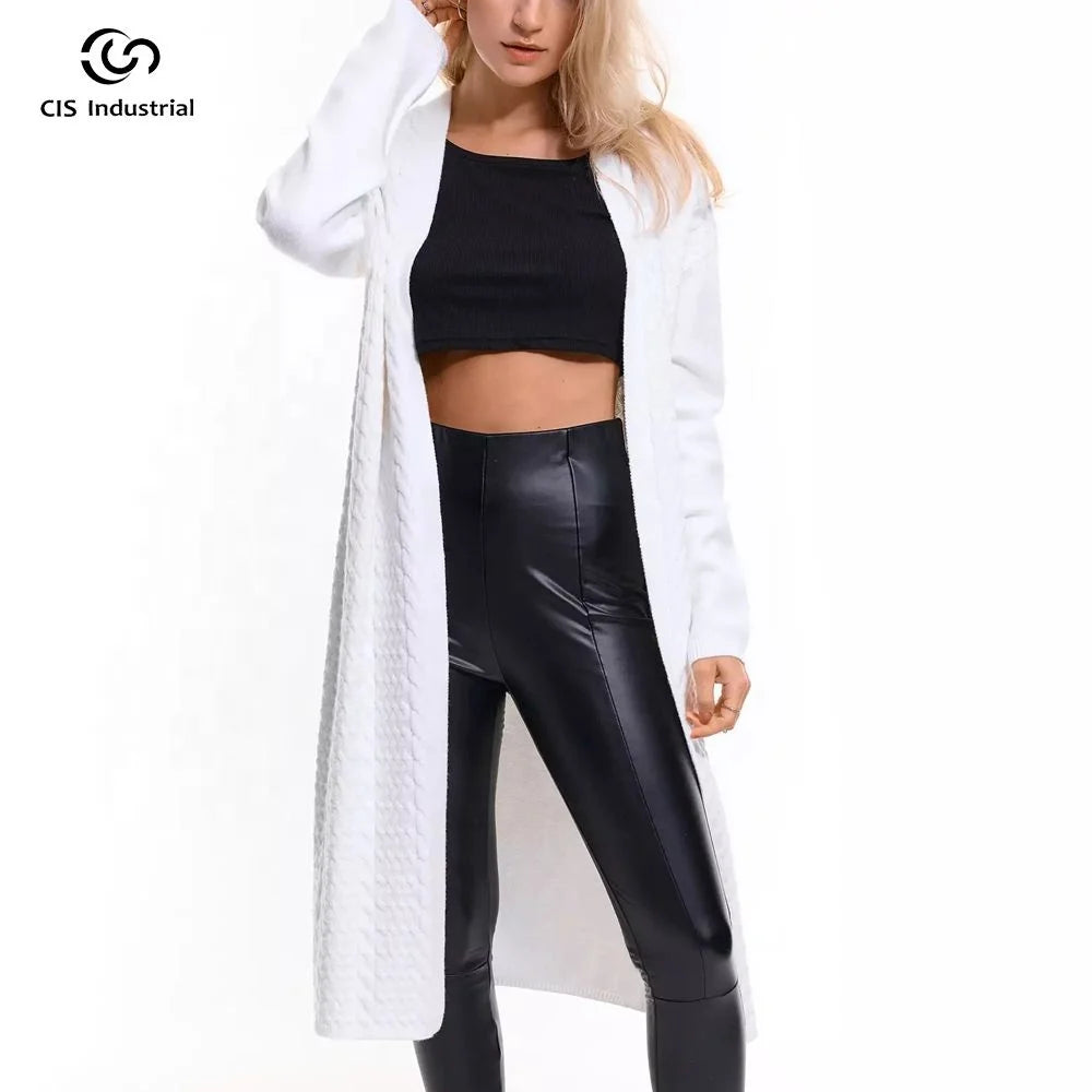 Autumn Winter Simple Loose Twist Maxi Sweater Cardigan Coat for Women Casual Style with Front Logo Custom Manufacturer