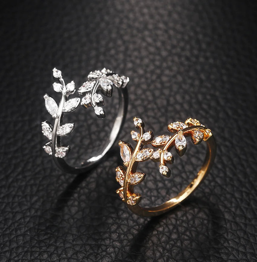 CAOSHI OEM ODM Silver Plated Cubic Zirconia Adjustable Open Rings Copper Jewelry Personality Leaves Ladies Rings Women Girls