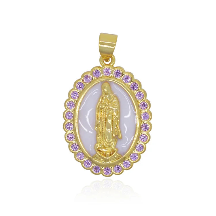 Gold Hip Hop Iced Out Artificial Diamond Shell Oval Virgin Mary CZ Pendant