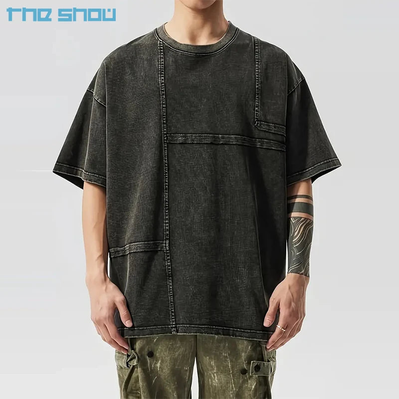 Custom Logo Acid Wash T-shirt High Street Fashion Men's T-Shirt 300 Gsm Sportswear Oversized Cotton 0-Neck  Men Tee Shirts
