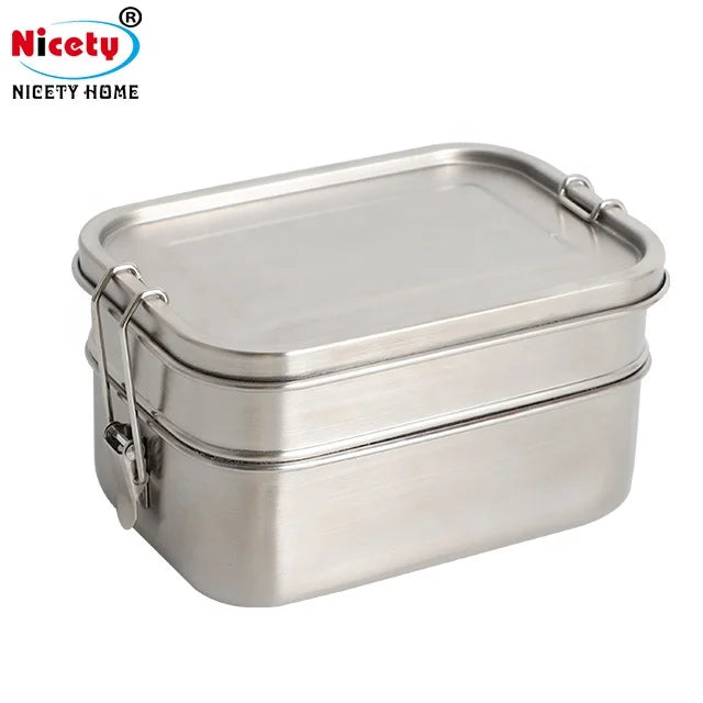 Nicety 2 Layers  Bento Leakproof Stainless Steel Lunch Box Eco-friendly Box with Clips Reusable Plastic-free Lunch Box