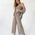Knitted Women's Nightwear 3 Piece Sets Casual Long Sleeve Pajamas Female Spaghetti Strap Crop Top Summer Trouser Suits