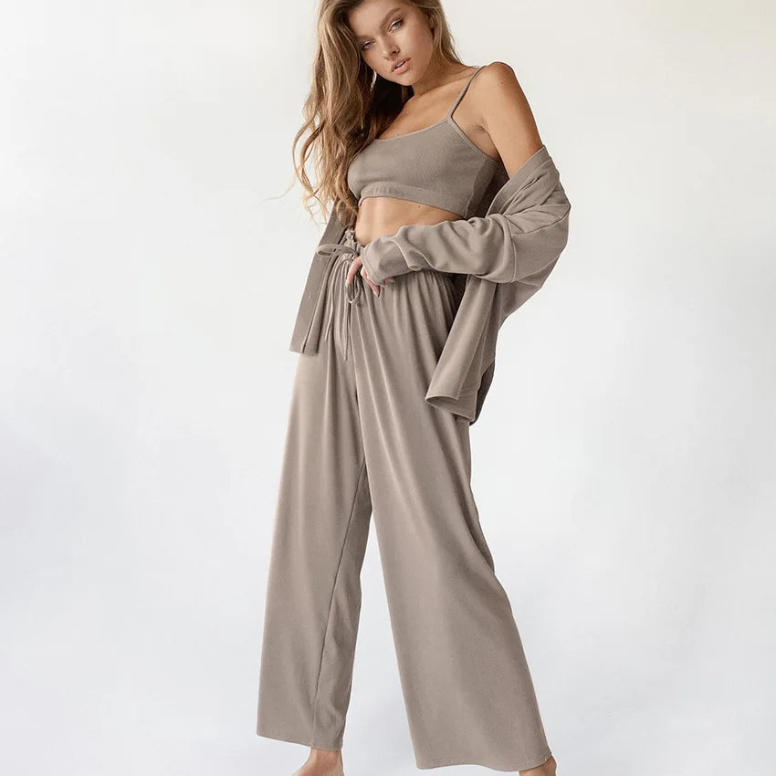 Knitted Women's Nightwear 3 Piece Sets Casual Long Sleeve Pajamas Female Spaghetti Strap Crop Top Summer Trouser Suits