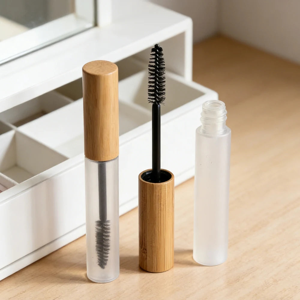 Refillable Empty Bamboo Mascara Tube with Frosted Plastic Bottle for Eco-Friendly Cosmetic Packaging