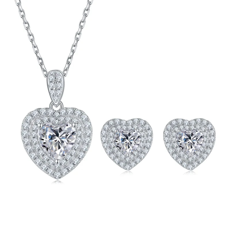 Fashion Luxury Moissanite Heart Pendant Stud Earrings and Necklace Fine Jewelry 925 Silver Women Jewelry Set