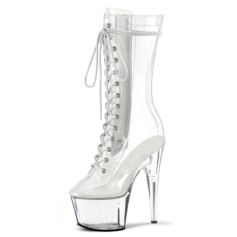 New Transparent 17cm Stripper Heels Round Toe 7 Inch Model Stiletto Thin Heels Lace-up Summer Nightclub Pole Dancing Ankle Boots