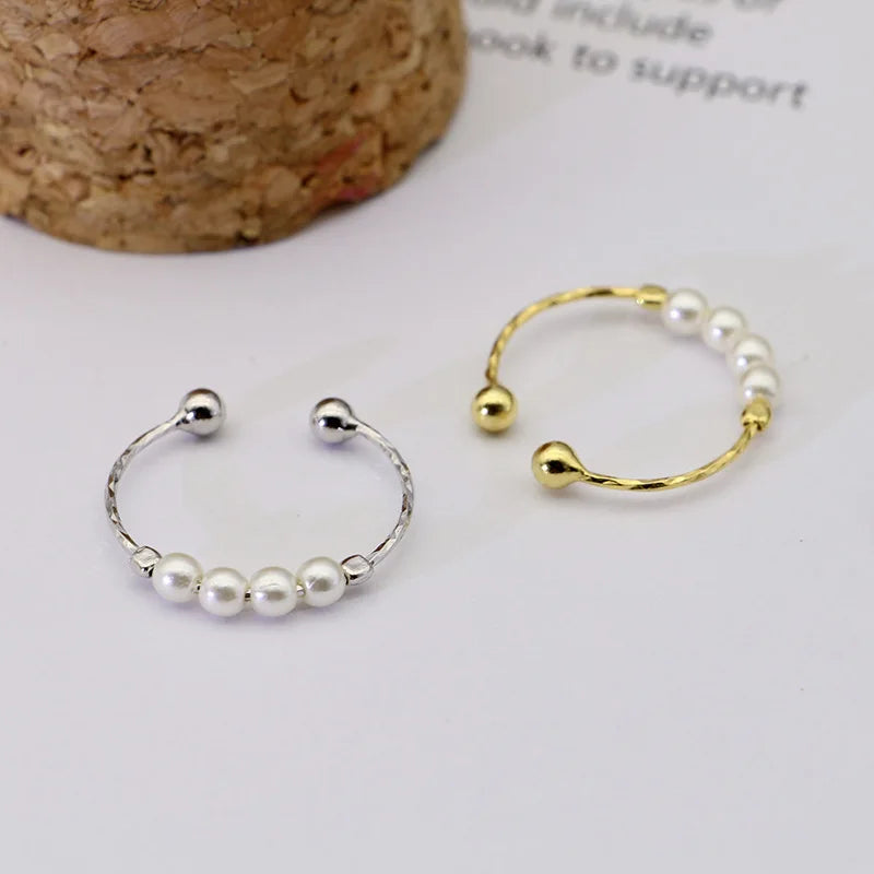 2022 INS Temperament Jewelry S925 Sterling Silver Anti-anxiety Rings Vintage Charm Open Adjustable Pearl Rings for Women