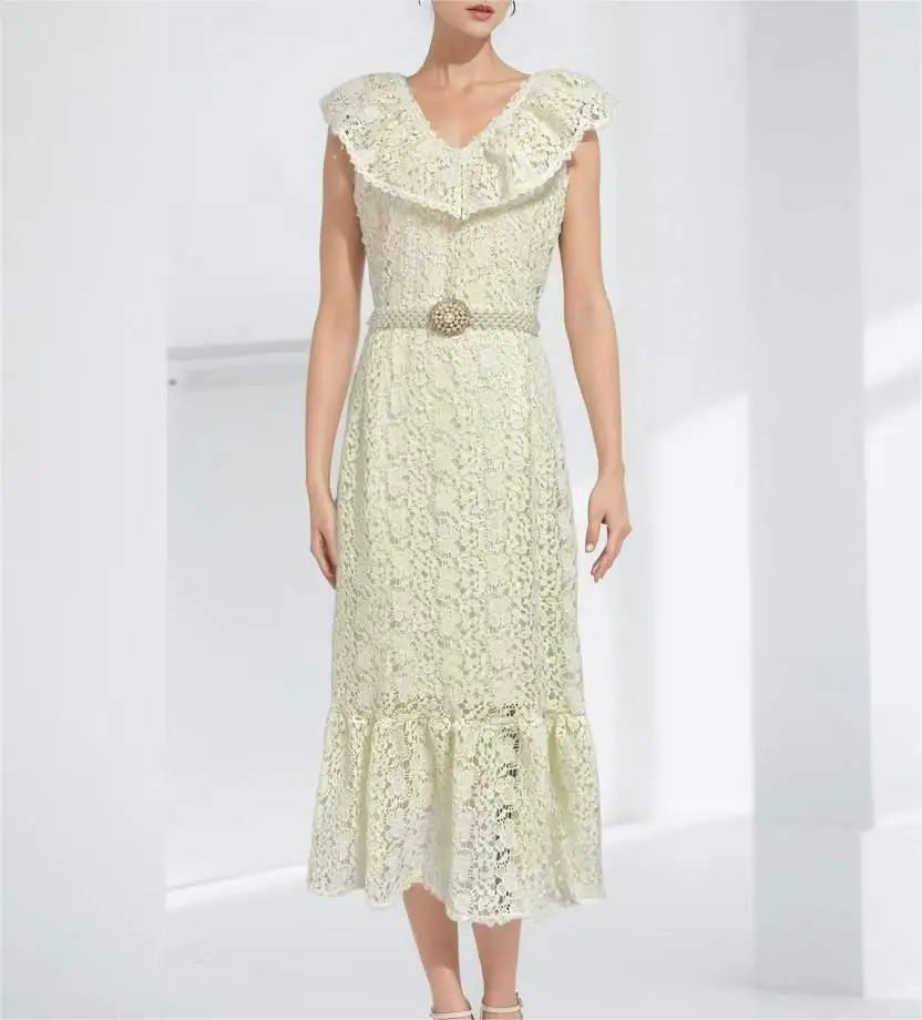 Fashion Luxury 2024 Spring New V-neck Lace Ruffled Splicing Belt Waist Hollow Long Dress Women