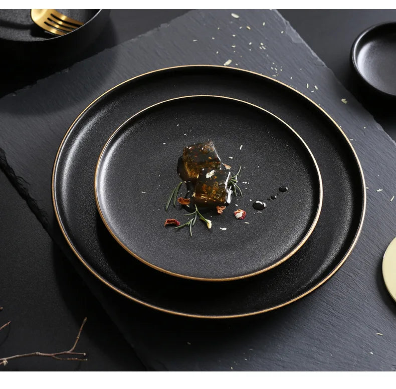 8 Inch 10 Inch Reactive Matte Black Glaze Dish Set Dessert Salad Appetizer Ceramic Dinner Plate with Gold Rim