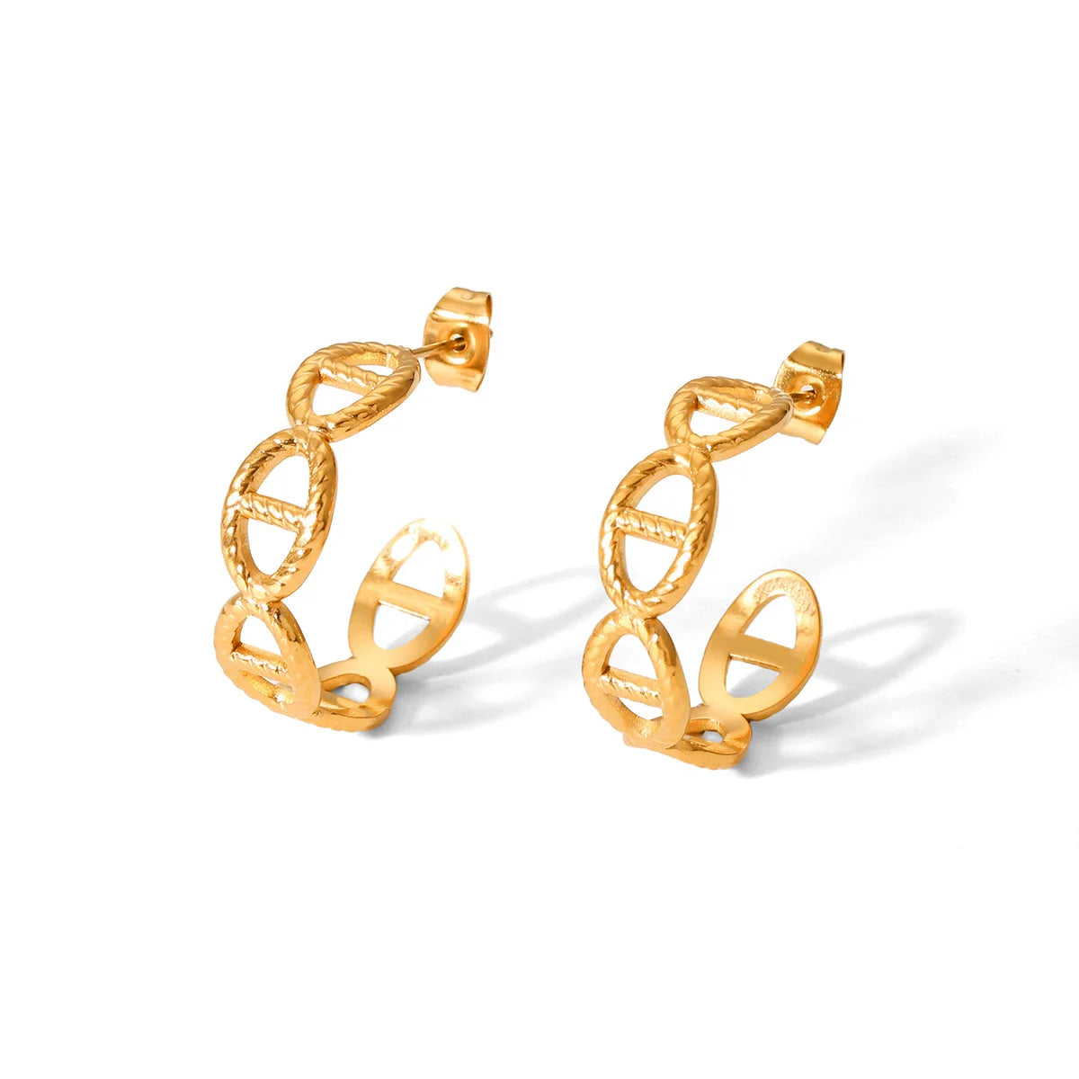 Ins Classic Stainless Steel 18K Gold Plated Simple C- Shaped  Hollow Chinese Character Stylish Link Chain Hoop Earrings