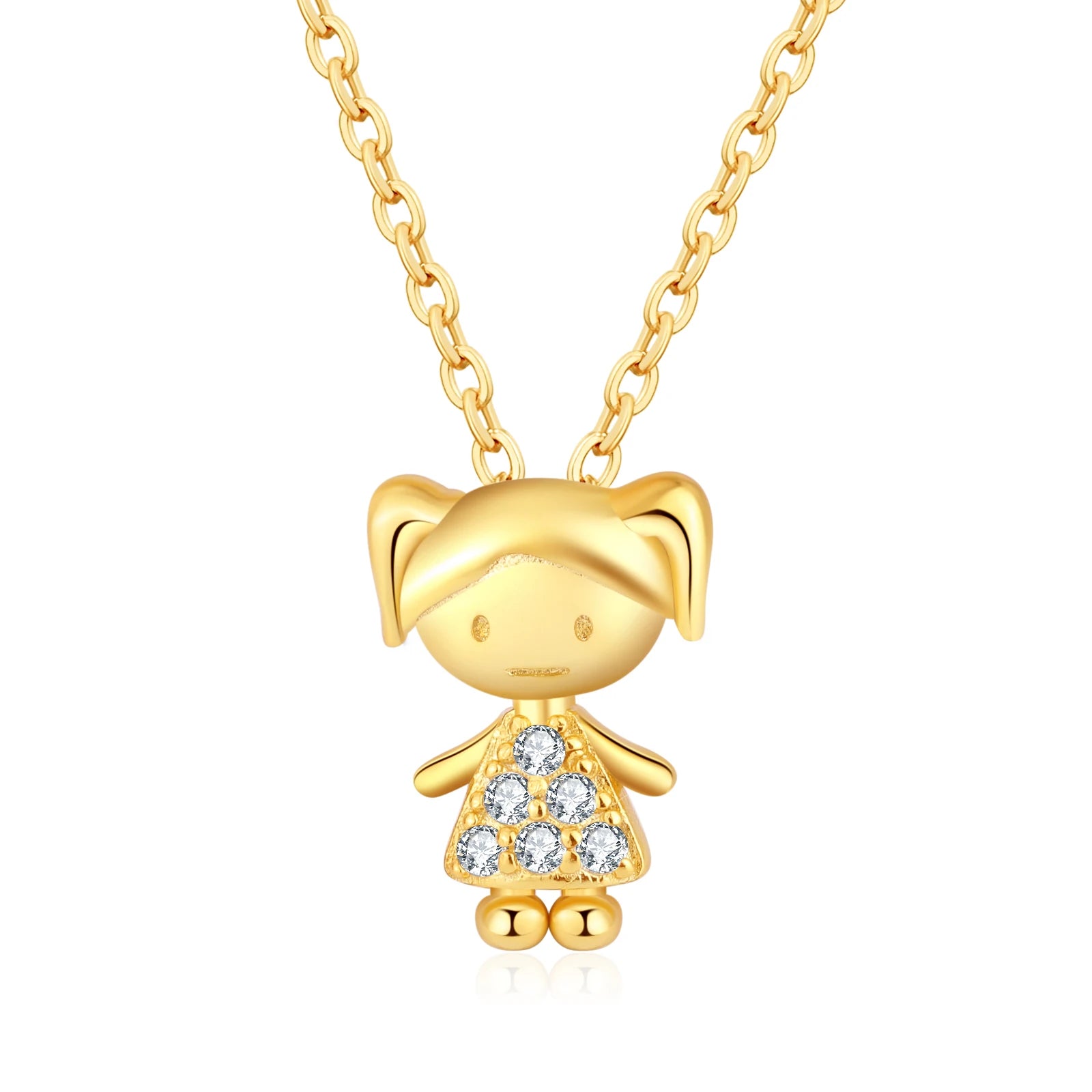 Fashion Jewelry Sterling Silver Gold Plated Zircon Link Chain Cute Cartoon Girl Trendy Wedding Gift Necklace