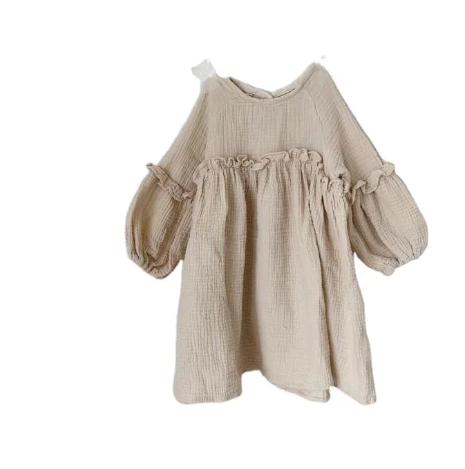 Autumn Girls Cotton Linen Bubble Long-sleeved Dress Princess Dress in Stock Girls