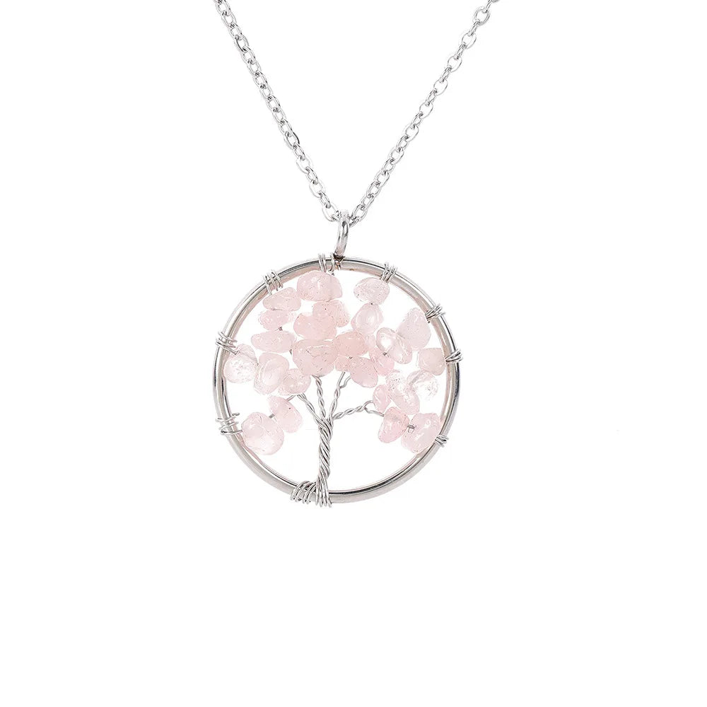 Hongzhuo Hot Sale 7 Chakra Rose Quartz Tree of Life Natural Tumbled Gemstone Wire Wrapped Pendant Necklace Jewelry Jewelry