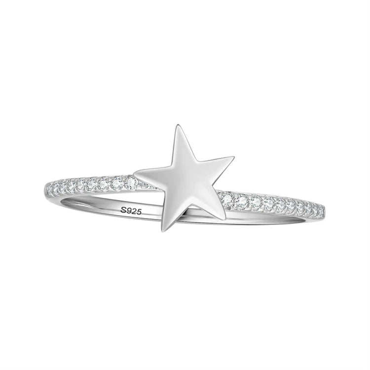 Simple Trendy 925 Sterling Silver CZ Diamond Star Shape Rings for Women Girls