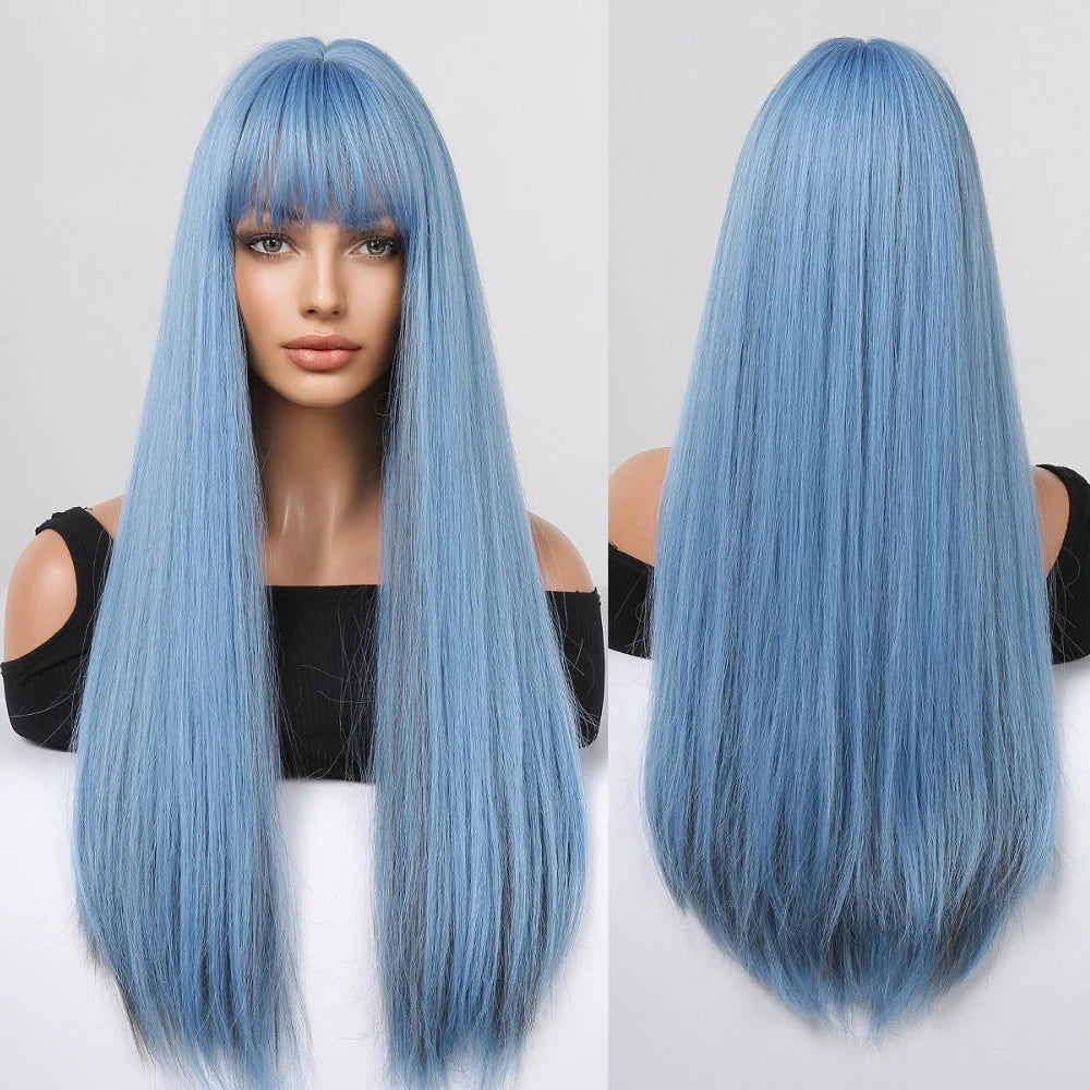 Factory Fast Delivery Cosplay Blue Long Synthetic Wigs with Fluffy Bangs Sky Blue Straight Hair Wig Natural Daily Party