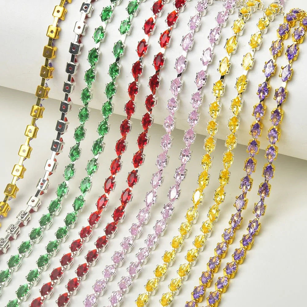 Multicolor Glitter Horse Eye Rhinestone Sewing Chain 3*6mm Glass for Crafts Bracelet and Hand Chain Jewelry with Charm