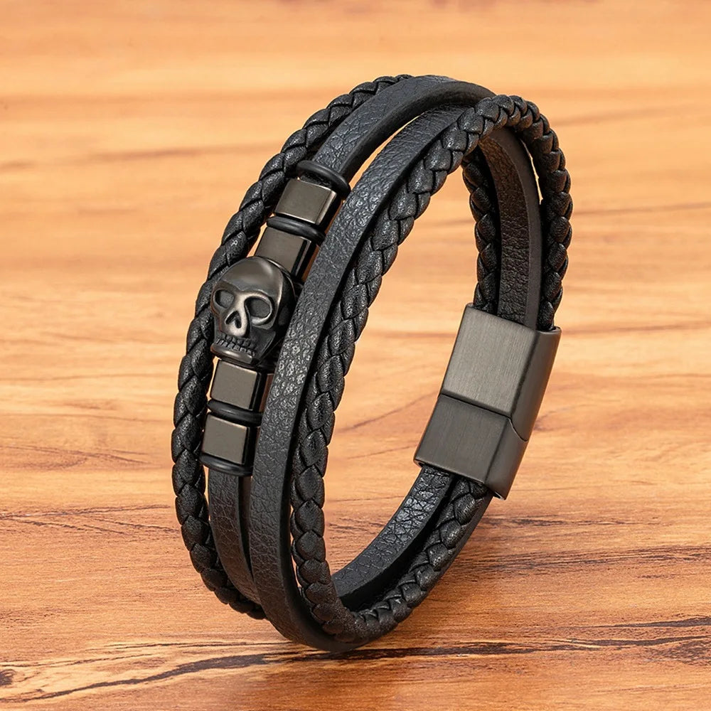 Luxury Handmade Woven Black Genuine Leather Bracelet Men's Stainless Steel Skull Magnetic Clasp for Men Bracelet Jewelry