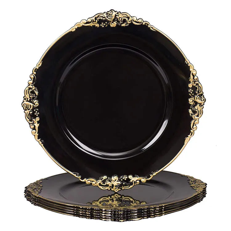 13" Plastic Black Charger for Plate With Gold Rim Table Setting Wedding Christmas Party Dinner Charger Black Table Under Dish