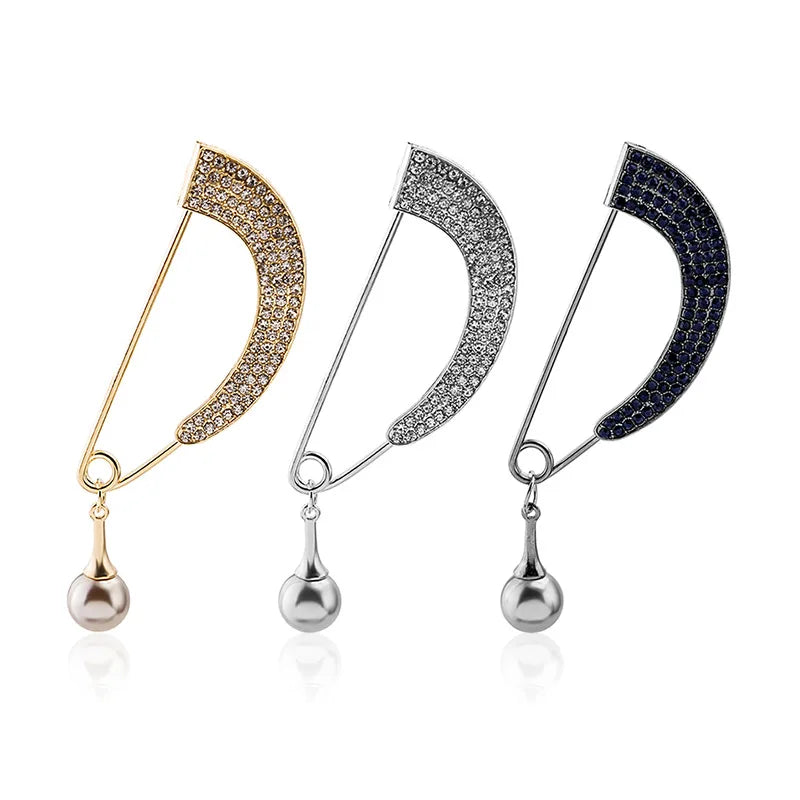 Jachon New Diamond Brooch Pin for Women Vintage Curved Pearl Pendant Diamond Brooch Pin for Hijab Accessories