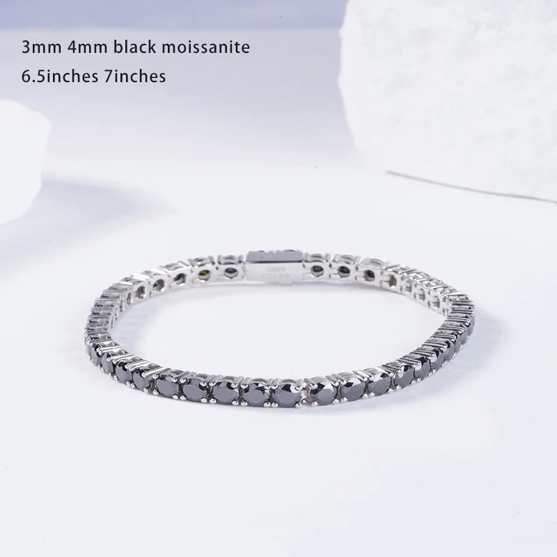 Wholesale Starsgem Sterling Silver Luxury Engagement Jewelry Bracelet 3mm 4mm Round Shape Black Color Moissanites Tennis Chain
