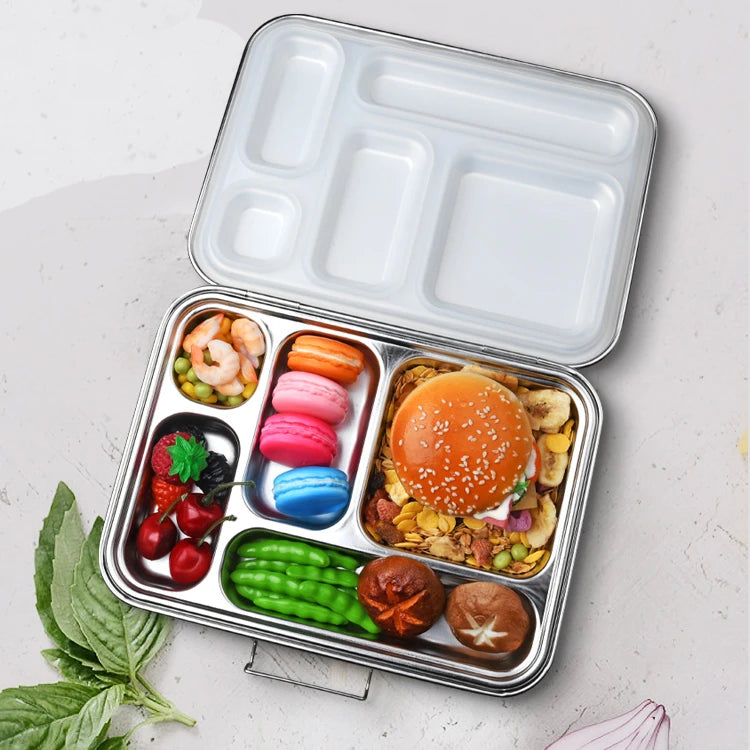 Aohea Stainless Steel Metal Tiffin 5 Compartment Storage Boxes Food Container Leakproof Bento Lunch Box