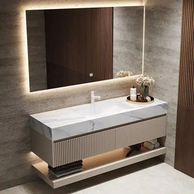 Italian Luxury Design Modern Vanity Plywood Bathroom Cabinet Smart LED Mirror Copper Drainer Water Resistant Eco-Friendly
