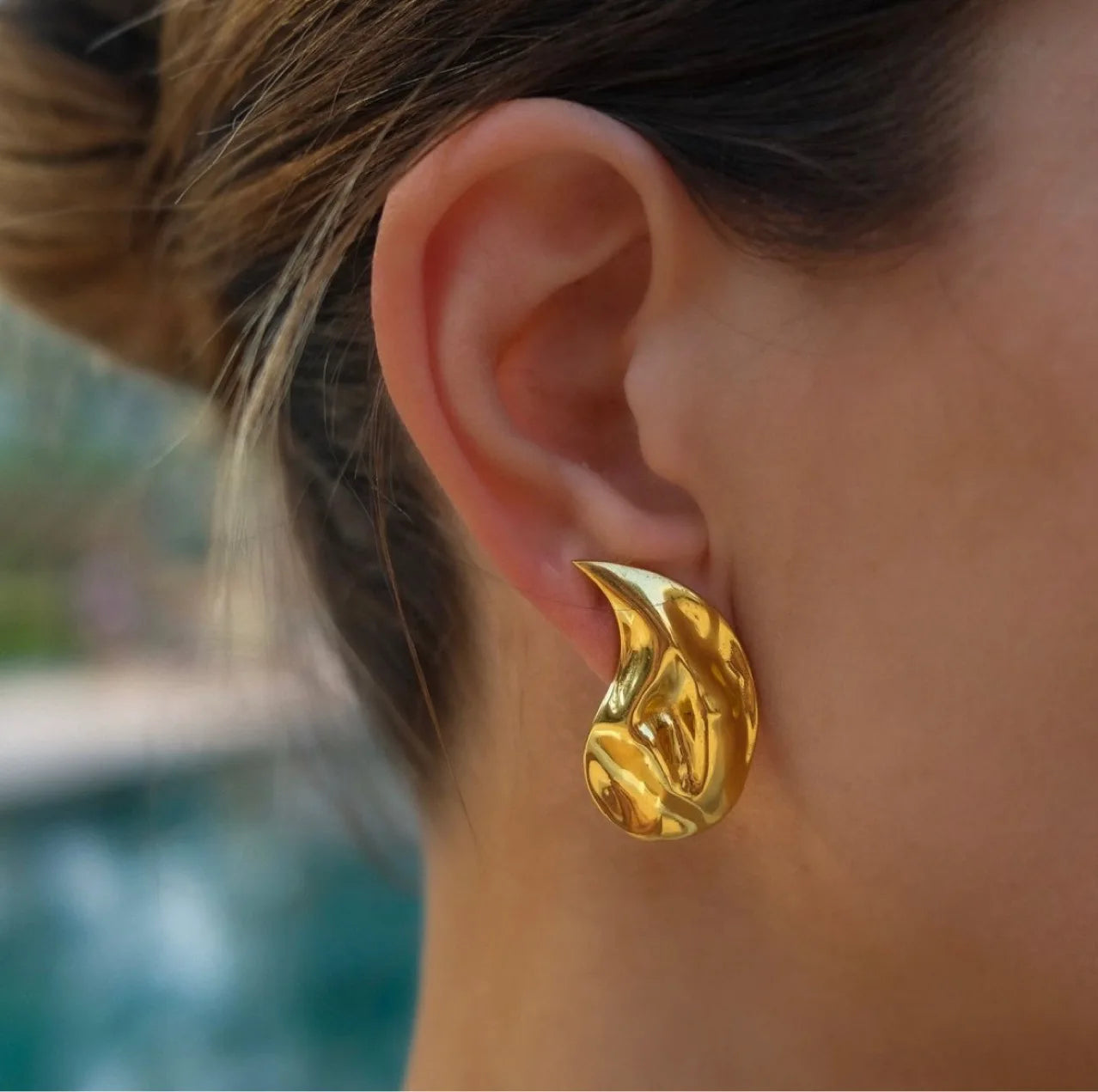 18K Gold Plated Hammered Texture Stainless Steel Earrings Trendy Statement Studs Chunky Water Drop Design Jewelry
