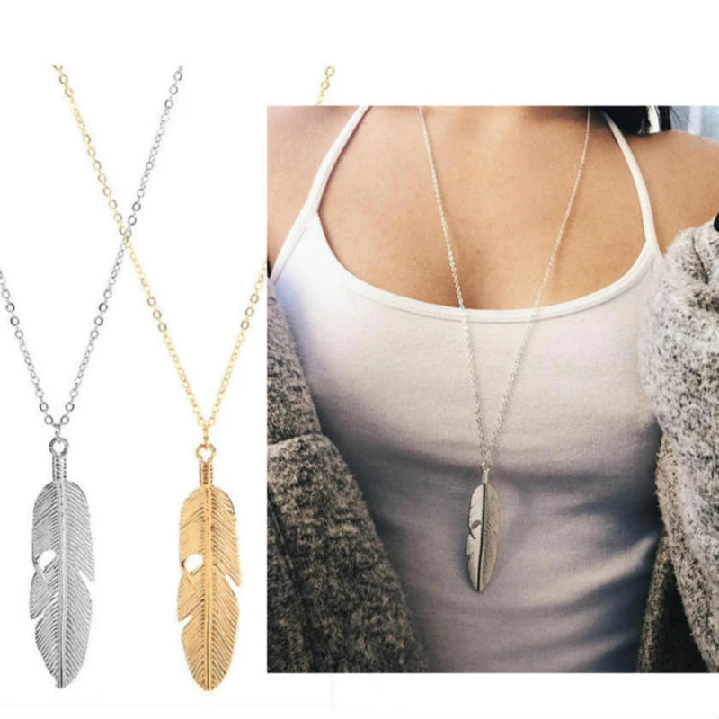 Fashionable Tassel Pendant Feather Necklace Long Plated Gold Silver Leaf Choker Statement Jewelry Women Sweater-friendly Design