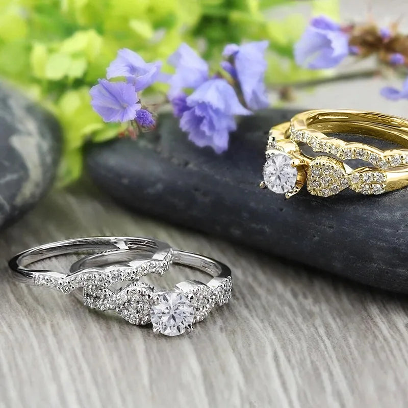 CAOSHI Luxury Silver/Gold Plated 2Pcs Set Couple Rings for Sparkling Imitated Diamond Women Wedding Engagement CZ Finger Rings