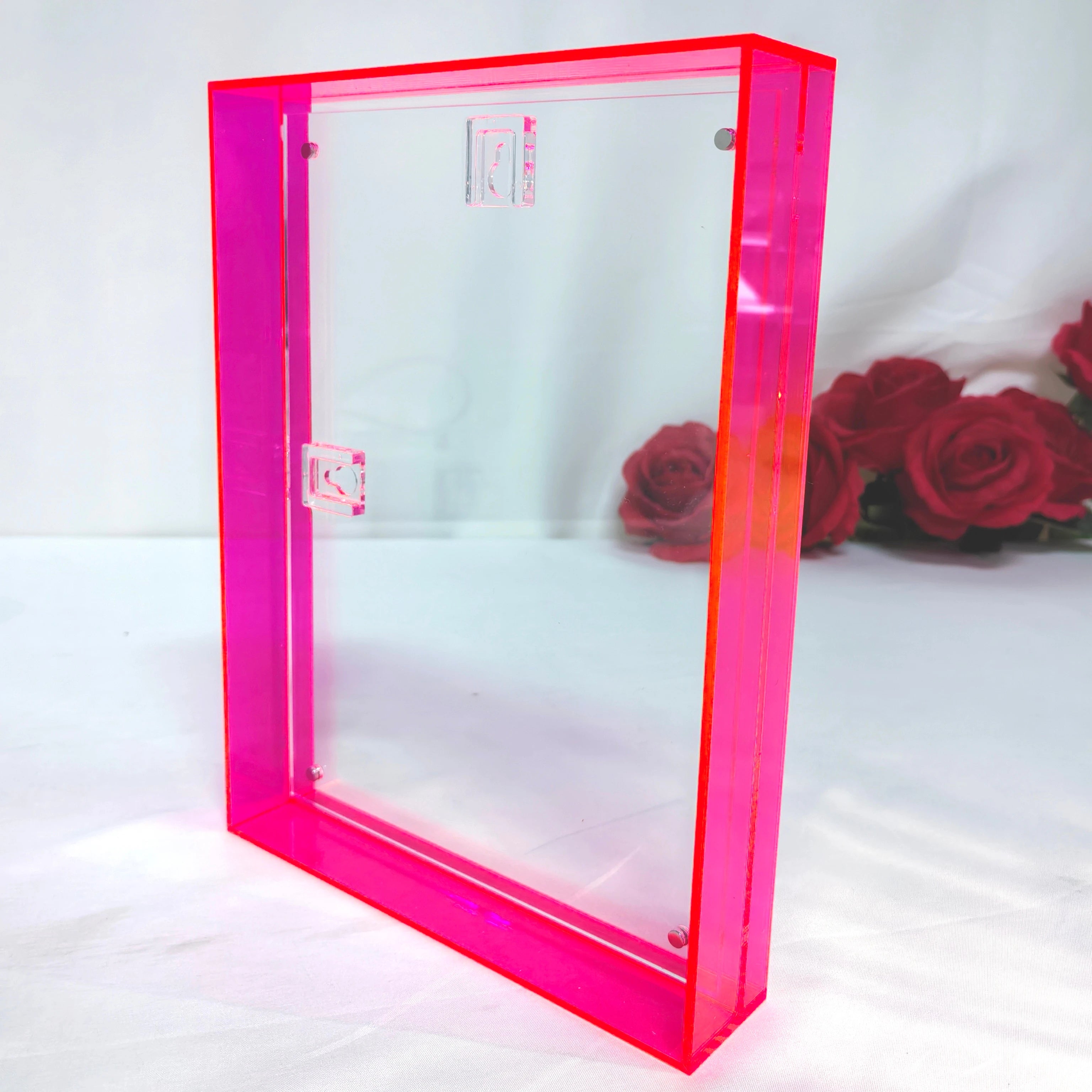 Modern Frameless 8*10 Clear Lucite Pink Square Acrylic Picture Frames Plastic Cardboard Floating Wall Display Carton Holder