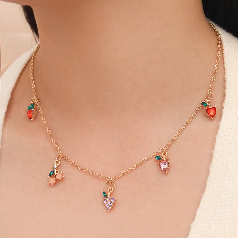 Ins Fashion Gold Plated Choker Simple Cute Women Fruit Peach Strawberry Cherry Pendent Necklace Jewelry