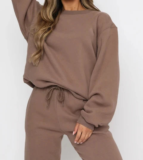 New Fashion Streetwear Oversized Brown Jumper Sweater Crewneck Embossed Couple Hoodies Set Sweatshirt Women