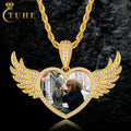 Bling Picture Necklace Jewelry 55mm Gold Plated Brass AAAAA CZ Diamond Iced Out Heart Wing Custom Photo Pendant