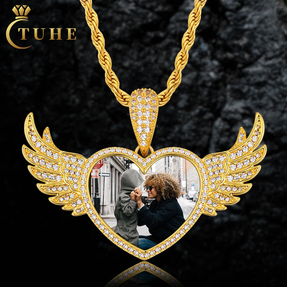 Bling Picture Necklace Jewelry 55mm Gold Plated Brass AAAAA CZ Diamond Iced Out Heart Wing Custom Photo Pendant