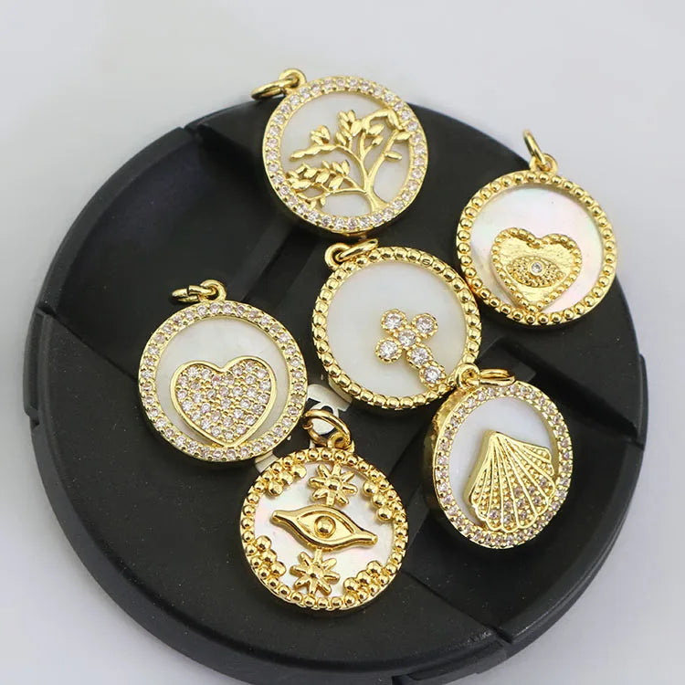CZ8201 Dainty White Shell Cz Micro Pave Disc Charm Pendants Zircon Paved Star Crescent Heart CrossGirls Mary Charms