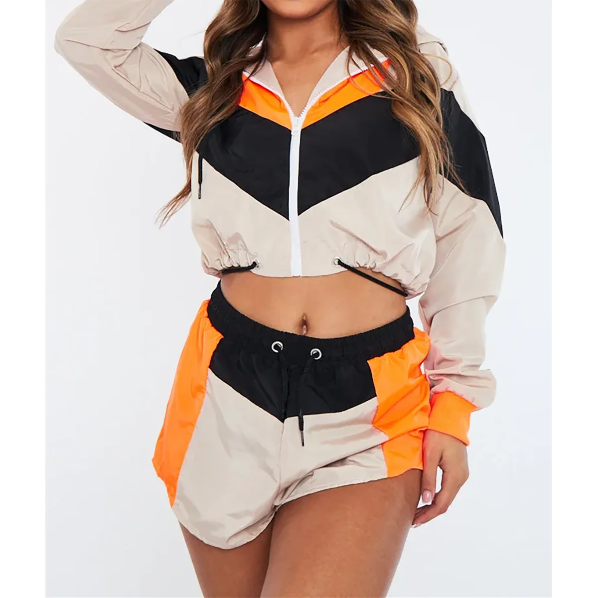 Women's Casual Summer Long Sleeve Solid Zip Stand Collar Knee Cropped Jacket Shorts 2-Piece Set Custom Logo Waterproof Quick Dry
