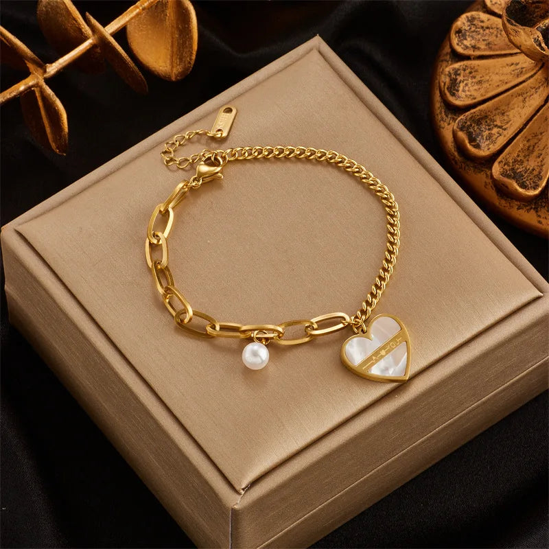 Fashion Paper Clip Chain Shell Heart Pendant Bracelet Jewelry Stainless Steel Pearl Love Heart Charm Bracelet (KSS450)