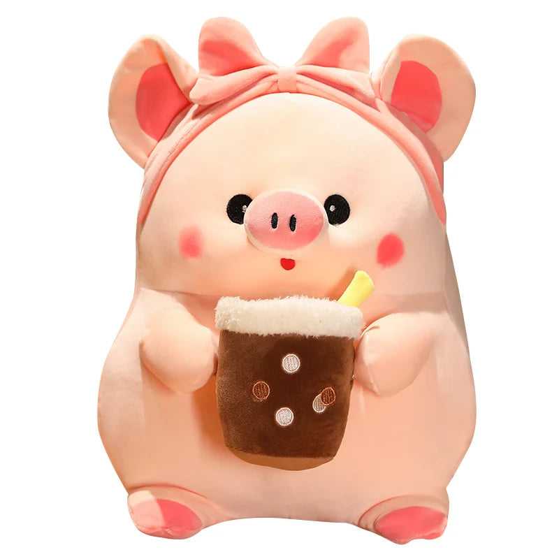 Cute Kawaii Animal Toy Plush Pig Wholesale Doll Soft Toy Pink Pig Boba Tea Cup Boba Pig Plush Pillow