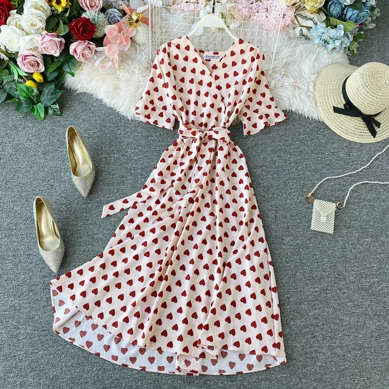 Summer Cherry Print Dress Women Sweet Elegant Korean Casual V Neck Dresses Bandage High Waist Maxi Party Long Dress Temperament