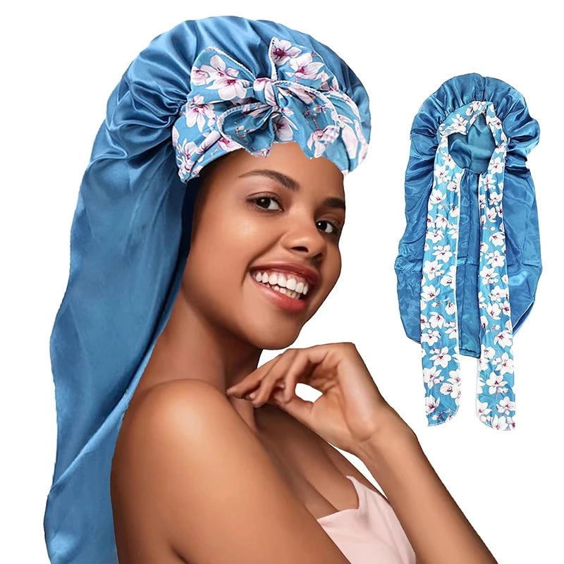 Wholesale Custom Logo Hair Accessories Long Hair Satin Bonnet With Printing Tied Band Night Sleeping Hat for Women