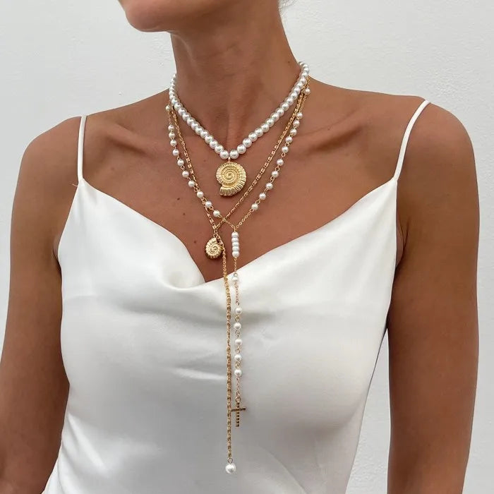 Fashion Pearl Long Chain Beads Choker Necklace for Women Bohemia Conch Cross Pendant Necklace Jewelry Set