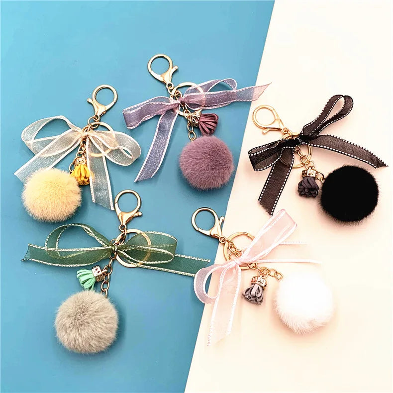 Cute Cartoon Car Keychain with Bow and Lace Ball Fluffy Faux Fur Pom Pom Pendant Small Gift Accessories Plush Keychains