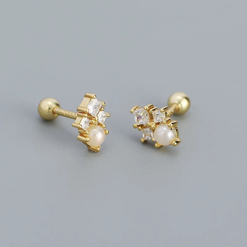 Custom Fashion Bohemian Shiny Zircon Synthetic Pearl Stud Earrings 925 Sterling Silver Trendy Perforated Screw Beads for Wedding
