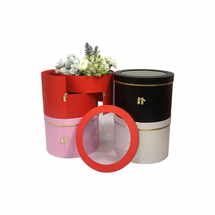 Large Rotating Round Flower Gift Box Handmade Candy Bucket with Embossing Matt Lamination UV Coating for Premium Presentation