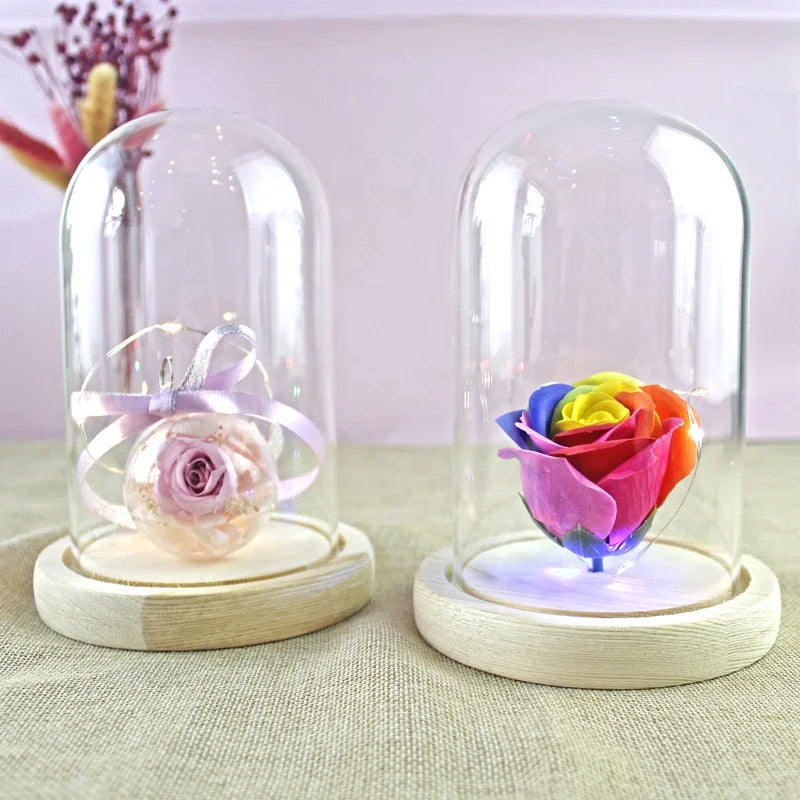 Wedding Decor Valentine Gifts Custom Large Small Bell Glass Cloche with Lights Glass Bell Dome Jar with LED Light Wooden Base
