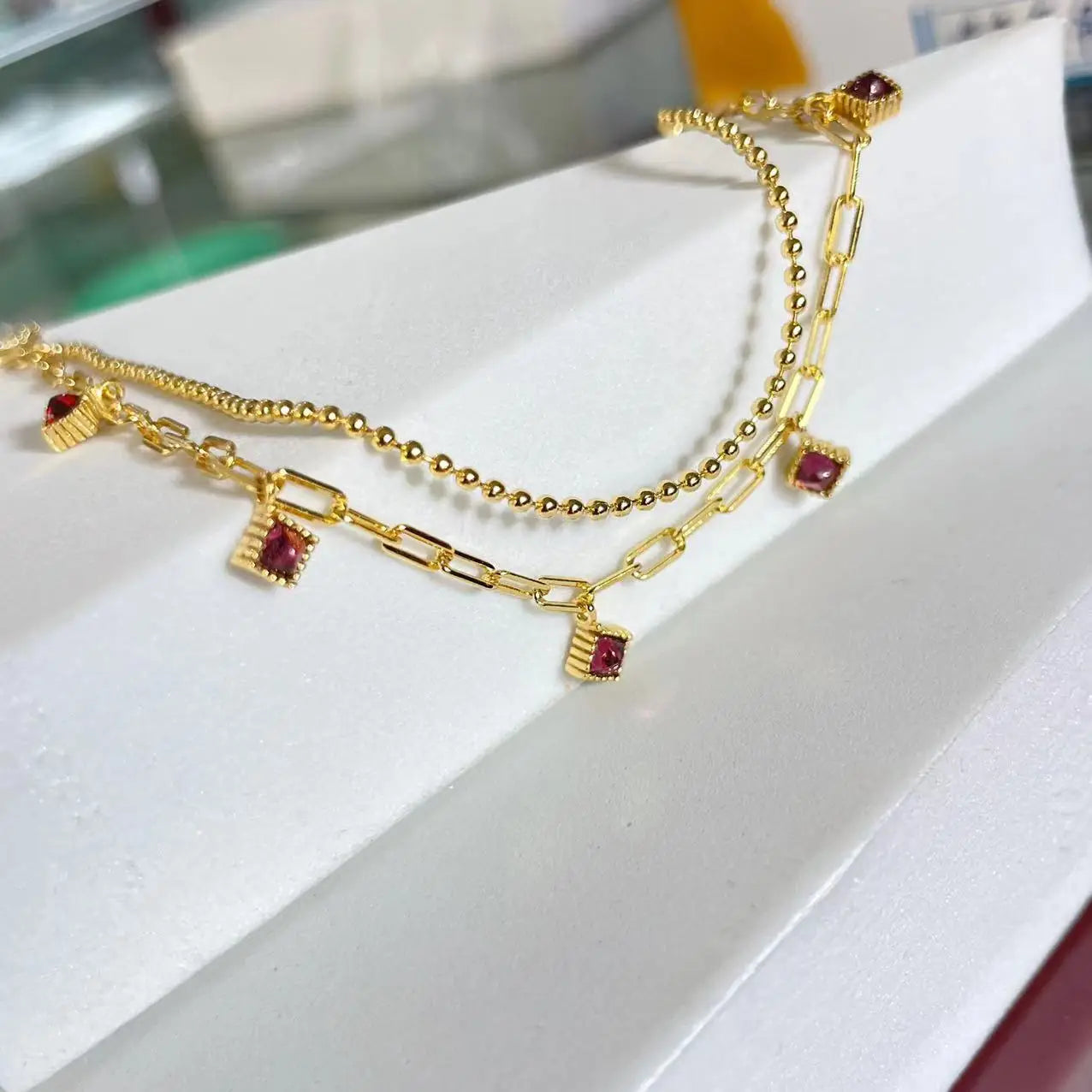 Good Price Custom 925 Sterling Silver 18k Gold Plating Natural Garnet Gemstone Jewelry Charm Bracelet for Girls