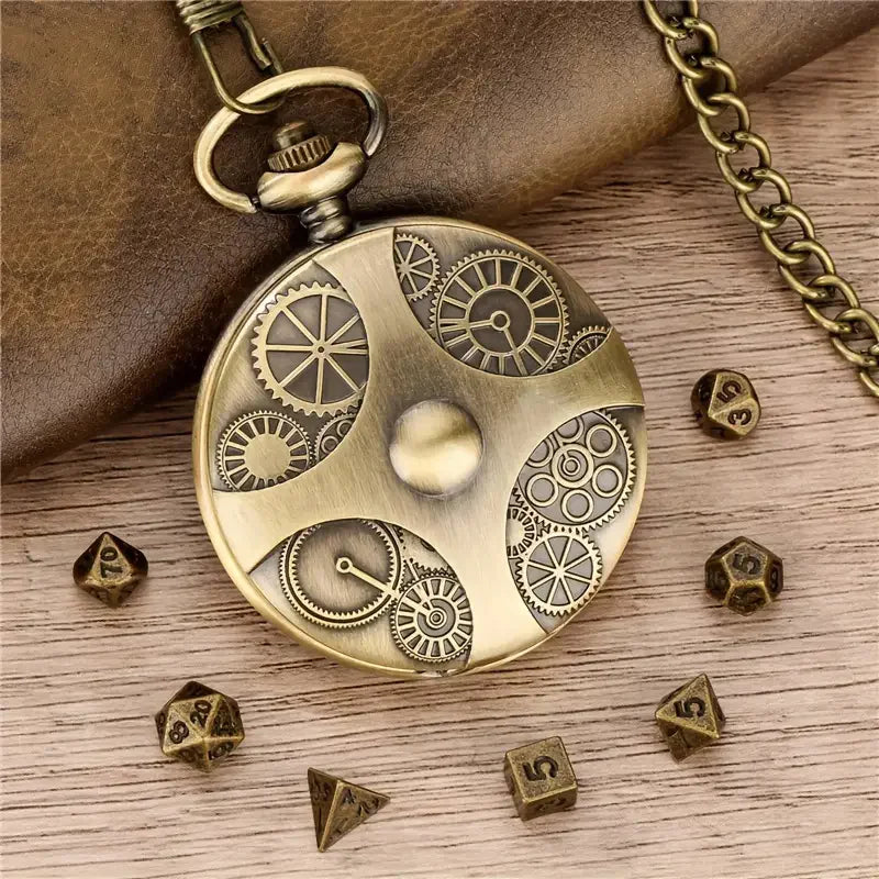 Vintage Style Durable Recycled Materials Pendant Chain 7 Mini Metal Dice Set Pocket Watch Tabletop Gaming Fantasy Role-Playing