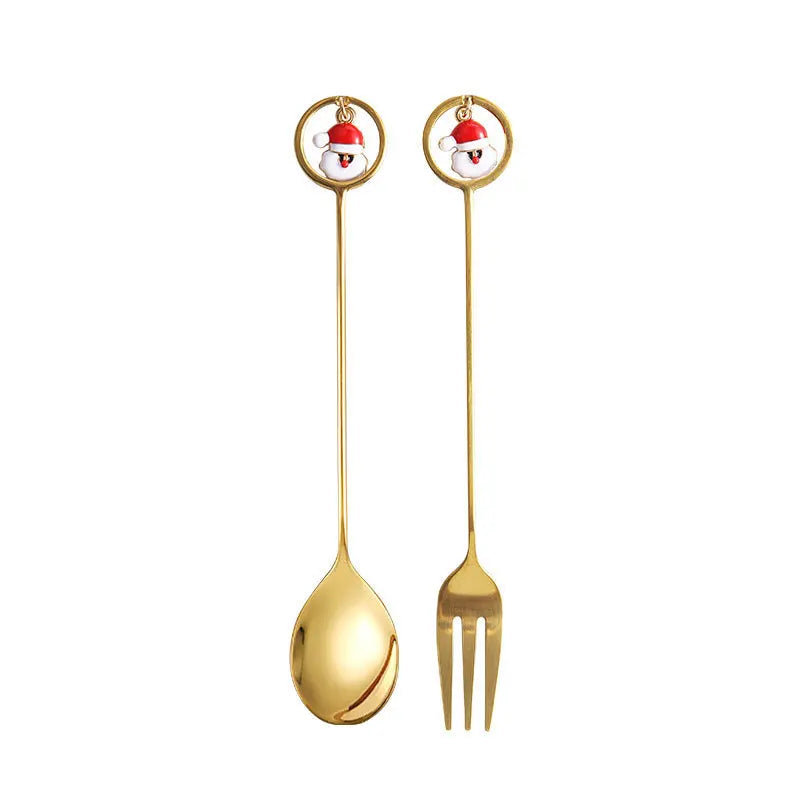 Hot Selling 6 Pcs Christmas Cutlery Set Stainless Steel Coffee Dessert Spoon and Fork Set for Christmas