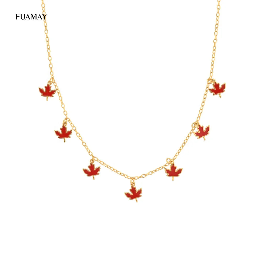 FUAMAY Silver 925 Red Enamel Maple Leaf Charm Chain Necklace Gold Plated Maple Leaf Chain Necklace